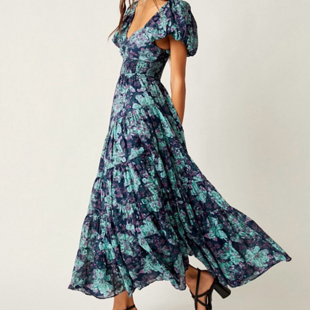 Free People Navy Floral Maxi Dress with Teal & Purple Accents - Picture 4 of 8